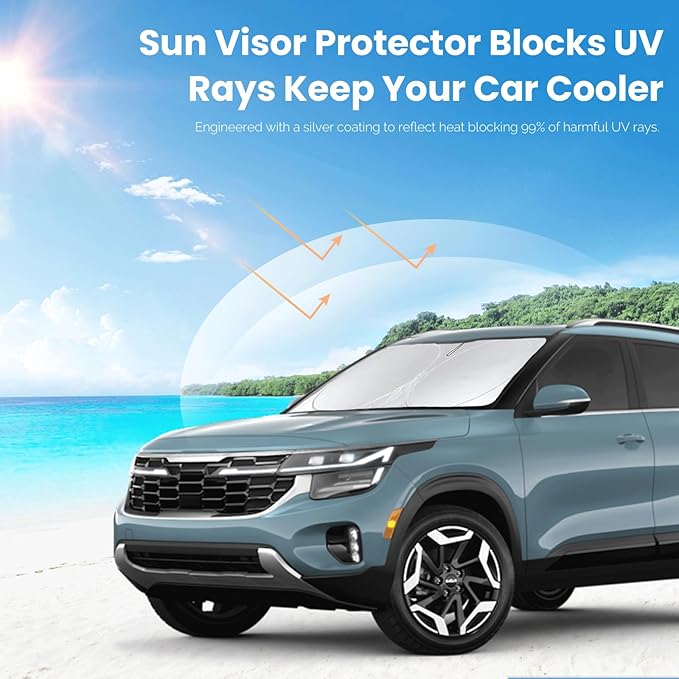 Custom Fit Seltos Windshield Sunshade for 2021-2024 2025 2026 Kia Seltos Front Window Shades Cover for Windshield Sun Visor Protector 210T Reflector Blocks UV Rays Cooler Car Accessories