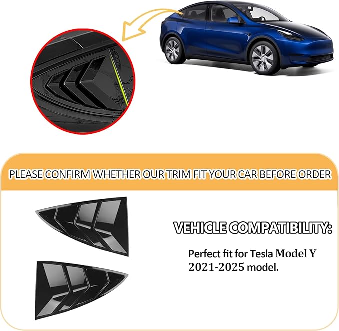 Window Louvers Fits for Tesla Model Y 2021 2022 2023 2024 2025 Accessories Rear Side Window Louvers Windshield Sun Shade Cover Auto Exterior Decoration Trim Accessories(Bright Black)