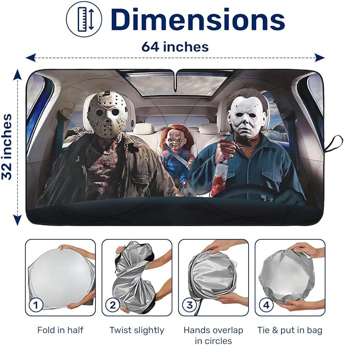 Horror Windshield Sun Shade for Car SUV Truck (55x30 Inches), Front Window Visor for Windows, Protector Blocks UV