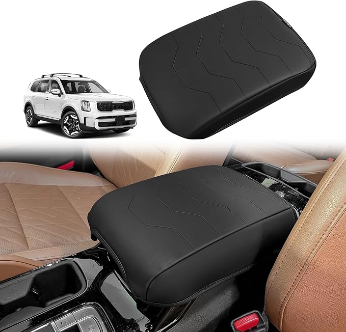 Muslogy Center Console Armrest Cover Fit for Kia Telluride 2022-2025 2026 Accessories, Comfort Armrest Pad Console Lid Cushion Vegan Leather Regular Thick