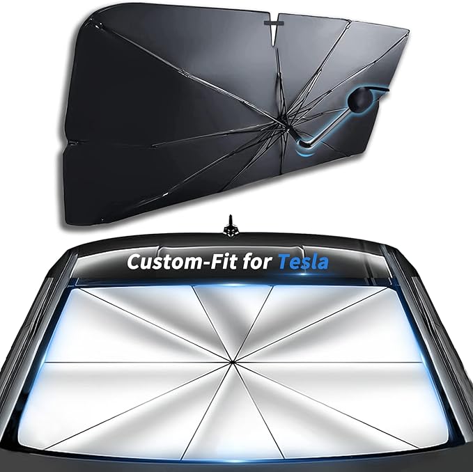 Custom-Fit for Tesla Windshield Sun Shade Umbrella,UV Block Car Front Window with 360°Rotation Bendable Handle, for Tesla Accessories (for Tesla Model Y)