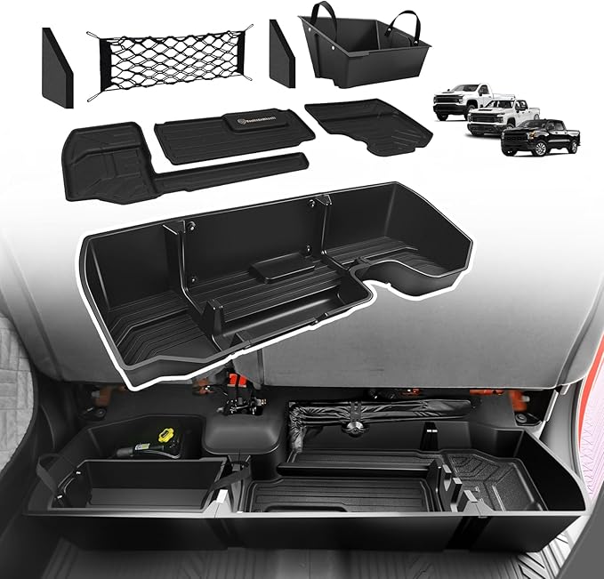 VaultsOnWheels Under Seat Storage Box Fit for 2019-2026 Chevy Silverado 1500/2500/3500HD (Not for Rear Kicker Subwoofer), Console Organizer Truck Tool Box Detachable Underseat Organizer w/TPE Mats
