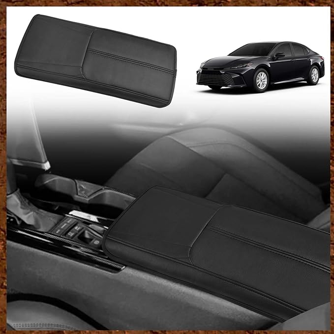 Muslogy Center Console Armrest Cover Fit for Toyota Camry 2025 2026 Accessories, Comfort Armrest Pad Console Lid Cushion Vegan Leather Regular Thick(Black/Black Trim)