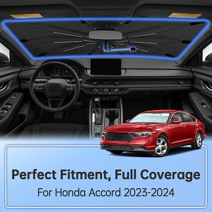 Windshield Sun Shade Umbrella for Honda Accord 2023-2024, Foldable Sunshade for Car Front Window, 360 Rotation Automotive Interior UV Protection for Outdoor Parking, Keep Car Cool