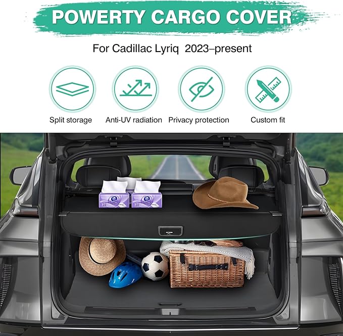 Powerty Cargo Cover for 2023 2024 2025 Cadillac Lyriq, Retractable Trunk Cover All Weather Shielding Shade Lyriq Accessories Cargo Luggage Cover