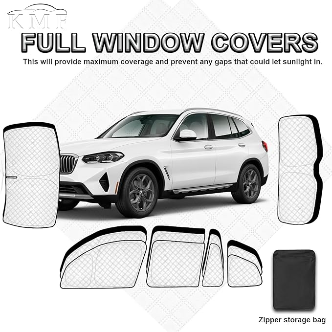KMF 10pcs Thicken Sun Shades for BMW X3 Accessories 2018-2024, Full Car Window Covers Sunshade for Windshield Side Rear, UV Block Visor Protecting Privacy Blackout for Car Camping