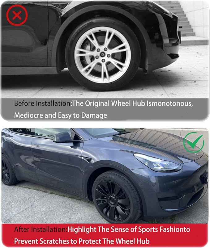 KAVANIC 4PCS Wheel Covers Fits for Model Y 19 inch Multi-Spoke Style, Matte Black ABS Hubcaps Fits for Tesla Y 19" Gemini Wheels 2020-2024, Long Range Support Logo Symmetry Design (RWD/AWD)