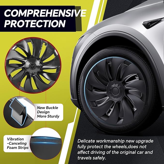 Tesla Model Y Juniper 19 Inch 4 Pcs Wheel Covers - Matte Black ABS Hubcaps with Rim Protectors | Replacement Compatible with 2025 2026 Model Y Juniper, not Compatible with Tesla Y 2021-2024