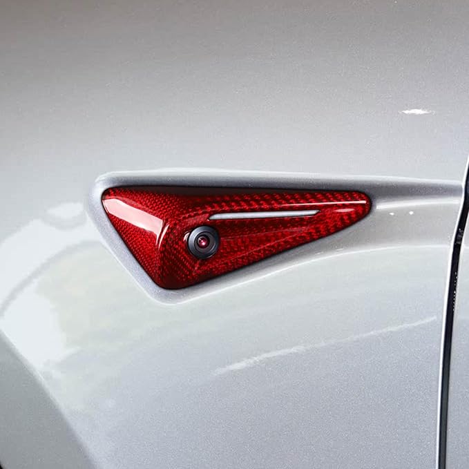 NVCNX for 2025 2026 Tesla Model 3/Y Highland Juniper Accessories Hard Rigid Real Carbon Fiber Vehicle Molding Side Camera Protection Cover Car Exterior Trim 2PCs, Fit for HW4.0, Glossy, Red, not ABS