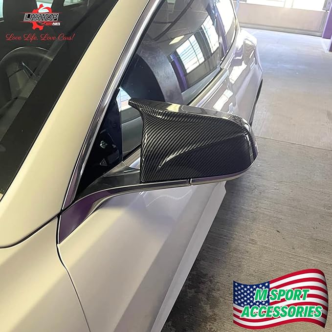 Car Side Mirror Cover for Tesla Model 3 Accessories 2018-2025 Passenger Driver Side View Exterior Mirror Caps Replacement Body Tuning Parts & Trim, Carbon Fiber Gloss - 1 Pair (Left-Right)
