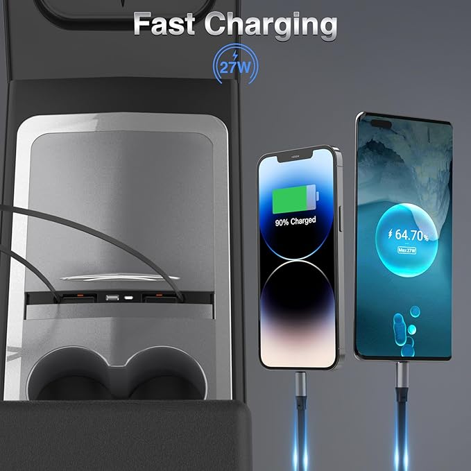 Retractable Center Console USB Hub for Tesla Model 3 Model Y, THELIFELICIOUS Tesla Interior Accessories Central Control Docking Station with Fast Charging Cables