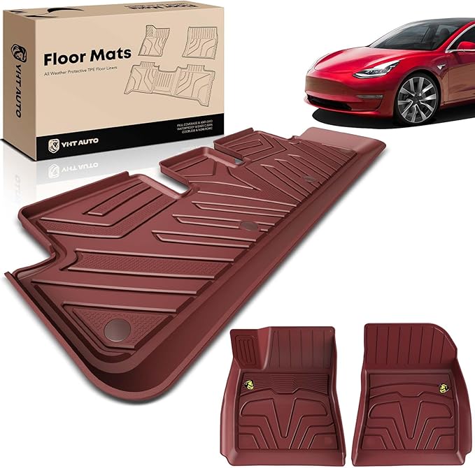 YHTAUTO Floor Mats Compatible with Tesla Model 3 2017-2020, TPE Floor Liners All Weather Custom Fit, 1st & 2nd Row, Set of 3, Red