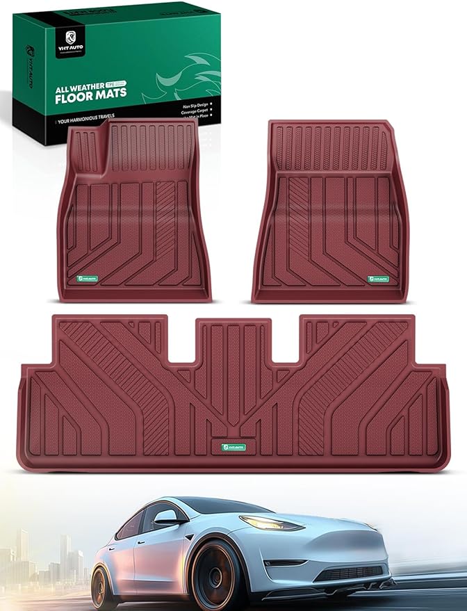 YHTAUTO Floor Mats Compatible with Tesla Model 3 Highland 2024 2025 2026, TPE Floor Liners All Weather Custom Fit, 1st & 2nd Row, Set of 3, Red