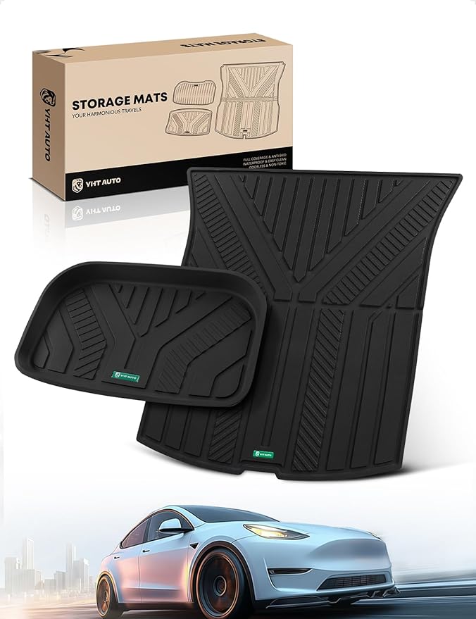 YHTAUTO Cargo Liners Compatible with Tesla Model Y Juniper 2025 2026, TPE Floor Liners All Weather Custom Fit, Cargo Trunk Mat & Lower Storage Mat, Set of 2, Black