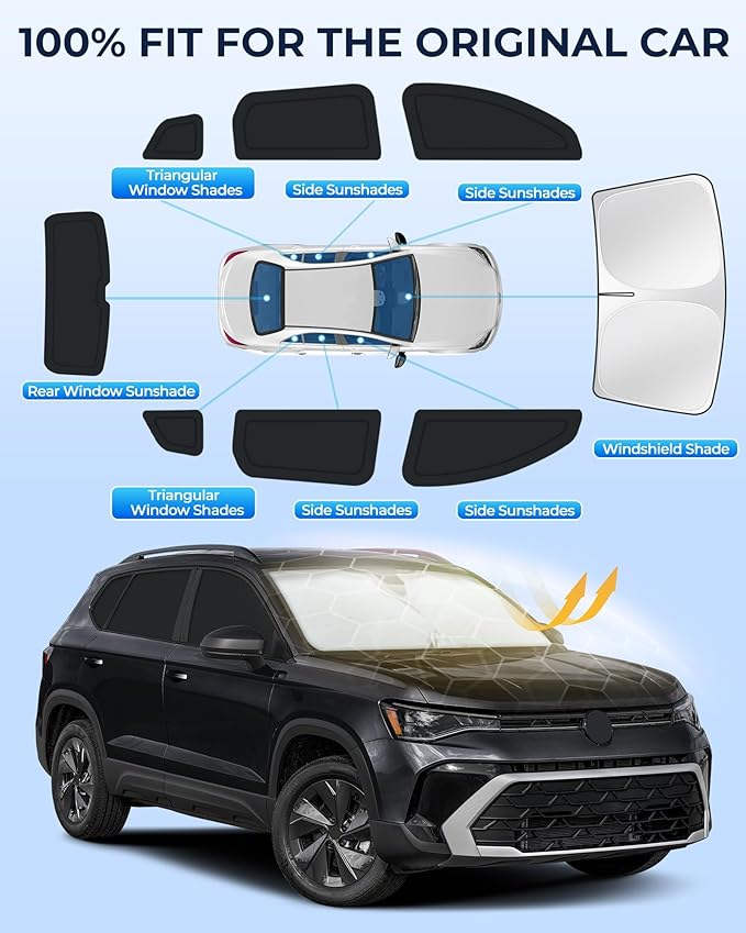 for Volkswagen Taos 2022-2026 Car Window Shades, 8pcs Privacy Sun Shade Set for Front Windshield Side and Rear Windows, Full Window Covers Keeps Vehicle Cool for Camping Napping
