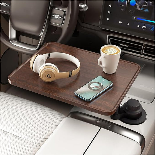 Car Desk for Laptop, Cup Holder Table with 360° Rotation - Wooden Car Laptop Mount, Car Table & Car Food Tray Compatible with Tesla Model Y/3/S & Most Vehicles
