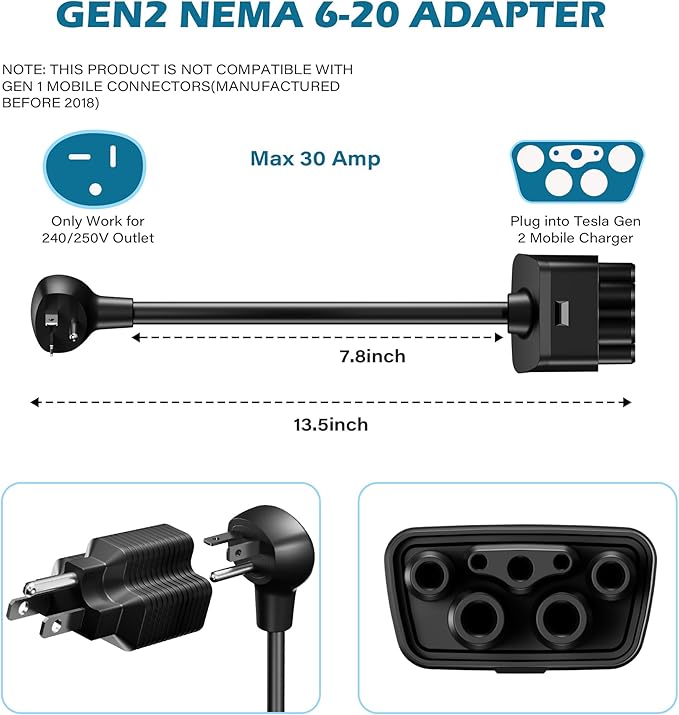 HiFind NEMA 6-20 Adapter Plug for Tesla Gen 2 Mobile Charger 1 Ft, Connect Tesla Portable Charger to 6-20P Outlet,240V 20A for EV Model S/3/X/Y with 5-15P to 5-15R/5-20R/6-15R/6-20R 4-in-1 Adapter-ETL