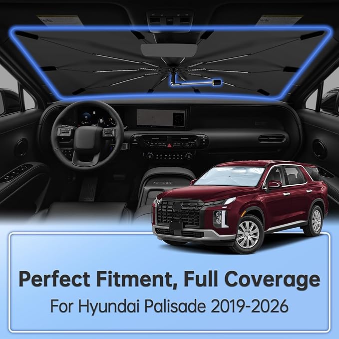 Windshield Sun Shade Umbrella for Hyundai Palisade 2019-2026, Foldable Sunshade for Car Front Window, 360 Rotation Automotive Interior UV Protection for Outdoor Parking, Keep Car Cool