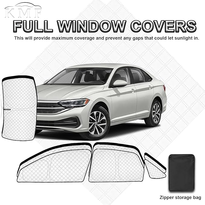KMF 7pcs Sun Shades for Volkswagen Jetta 2019-2025 Accessories, Custom Fit VW Jetta Windshield Sunshade Car Window Covers for Side Rear, UV Block and Blackout Privacy for Camping