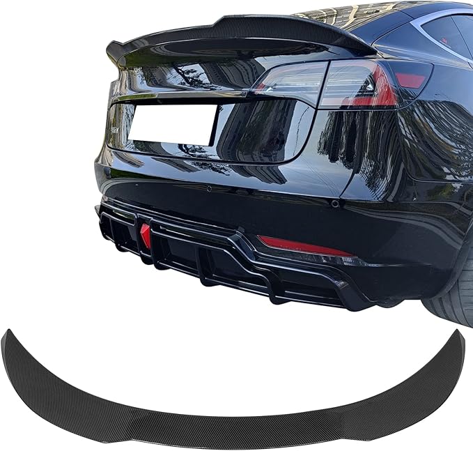 IKON MOTORSPORTS, Trunk Spoiler Compatible with 2017-2025 Tesla Model 3, Carbon Fiber Print ABS Plastic Performance Style Rear Trunk Lid Wing Spoiler, 2018 2019 2020 2021 2022