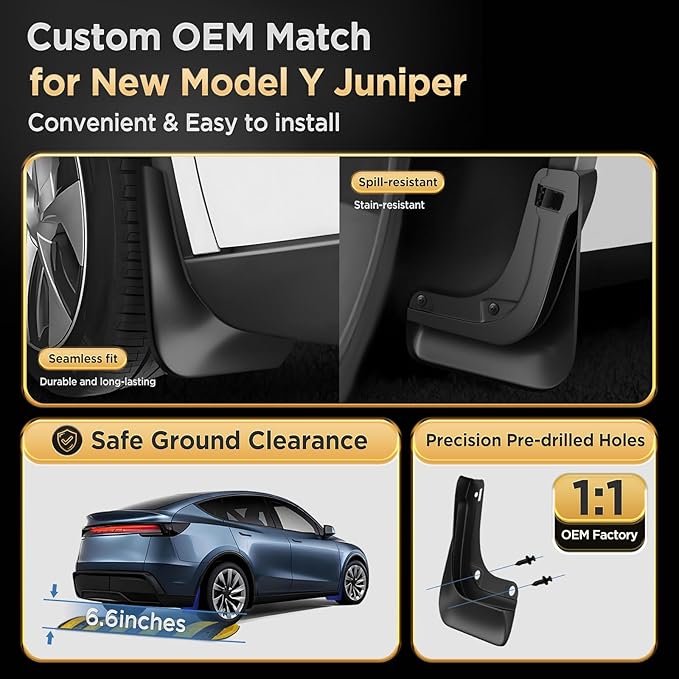Mud Flaps for Tesla New Model Y Juniper Accessories 2025 2026 [Protect Paint,No Drilling Required] All-Weather Mud Guard Body Kits for New Launch Model Y Juniper 2025 2026 Black
