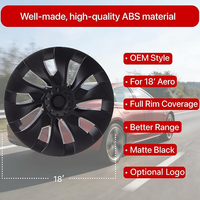 KAVANIC 4PCS Wheel Covers Fits for Tesla Model 3 Hubcap 18 Inch Matte Black Support Logo Long Range Symmetry Design Uberturbine Style for 2017-2023 Model 3 Aero Wheel Cover Replacement (RWD/AWD)