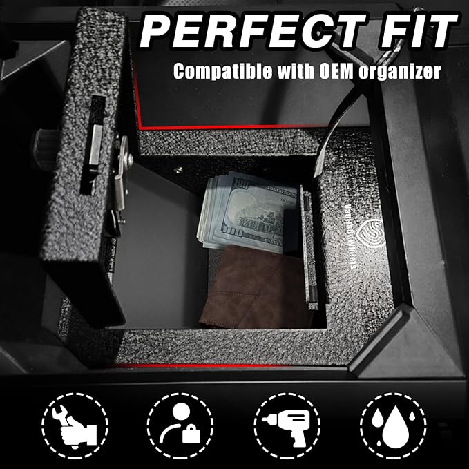 VaultsOnWheels for 2025 2024 Tesla Cybertruck Center Console Safe Gun Safe Vault Hidden Console Storage LockBox Anti-Theft Pry-Proof High Security Biometric Fingerprint Lock