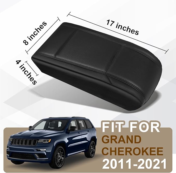 Muslogy Center Console Armrest Cover Fit for Jeep Grand Cherokee 2011-2021 & Dodge Durango 2011+ Accessories, Comfort Armrest Pad Console Lid Cushion Vegan Leather Regular Thick