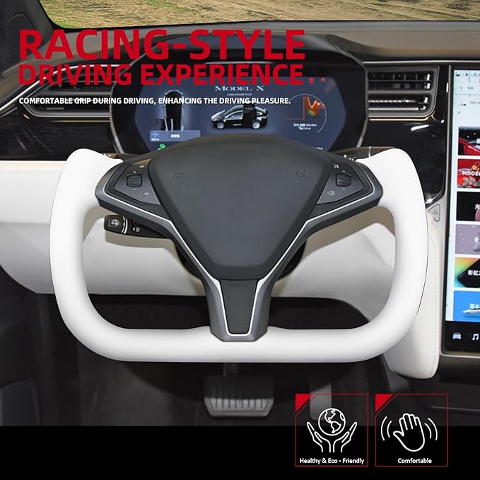 Yoke Steering Wheel, White Microfiber Smooth Leather with Side Glossy Carbon Fiber for Tesla Model X 2016-2020,For Tesla Model S 2014-2020 With Heating Function