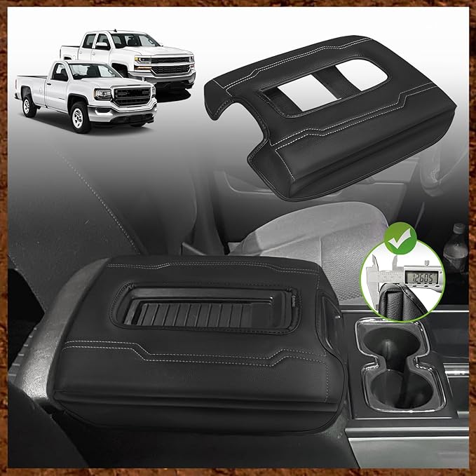 Muslogy Center Console Armrest Cover Fit for Chevy Silverado & GMC Sierra 1500 2500 3500 2014-2018 Accessories, Comfort Armrest Pad Console Lid Cushion Vegan Leather 1-Inch Extra Thick(Bucket Seat)