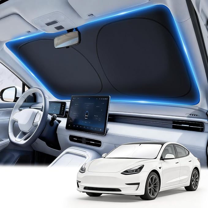 JUSTTOP Tesla Model 3/Y Windshield Sun Shade (2017-2026) | Custom Fit & Foldable Sun Visor, Car Interior Accessories | 300T Upgraded Heat & UV Reflective Sunshade for Car Windshield