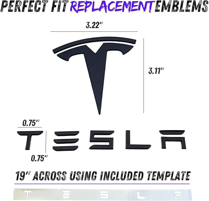 Metal Raised T Logo Tesla Letters Emblem Decal Sticker Matte Black Front Trunk Tailgate with 3M Adhesive for Tesla Model 3 Model Y Highland Juniper (Tesla Letters & T Logo)
