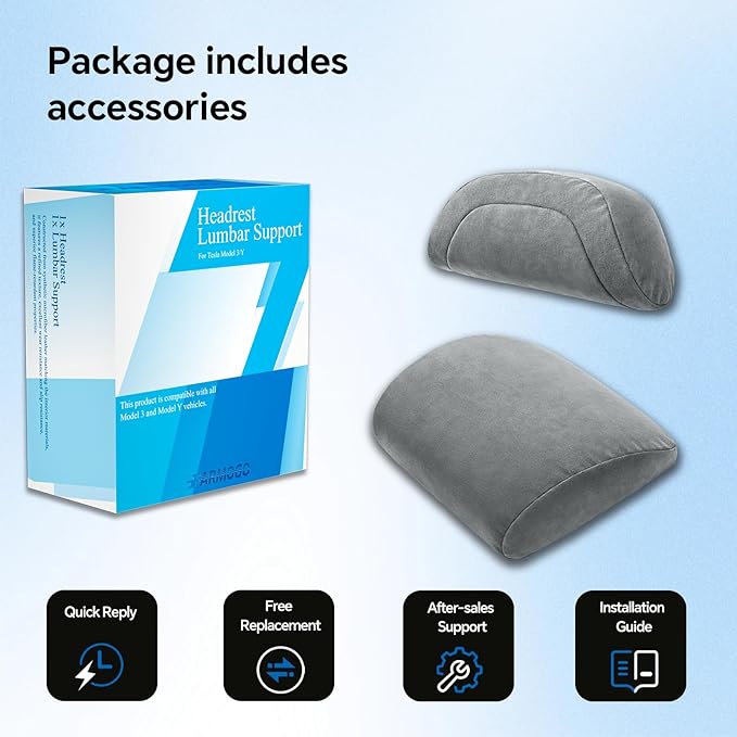 Farmogo Car Headrest Pillow & Lumbar Support Pillow Set for Tesla Model 3/Y/S/X Accessories, Suede Memory Foam Neck & Back Support, Removable Washable Cover - Gray