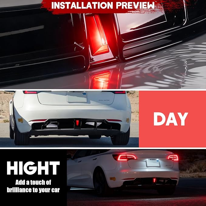 for 2017-2023 Tesla Model 3 Rear Diffuser w/LED Brake Light, Model 3 Rear Bumper Lip, Tesla Model 3 Diffuser Valance Panel Accessories (Carbon Fiber)