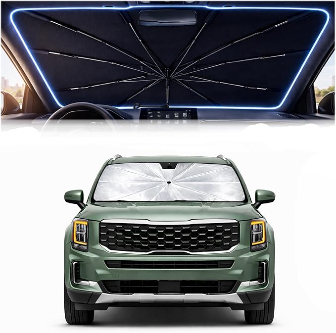 2026 Upgraded Car Windshield Sun Shade Umbrella - Custom-Fit for Kia Telluride 2020-2024 Umbrella Sunshade,Easy Install,UV Protection & Heat Reflective,Keep Interior Cooler with Storage Bag