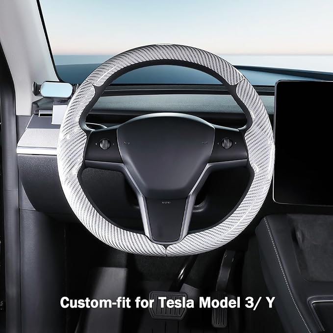 Steering Wheel Cover for 2017-2023 Tesla Model 3 2020-2024 Tesla Model Y, Carbon Fiber Steering Wheel Cover for Tesla Model 3/Y Accessories, Glossy White