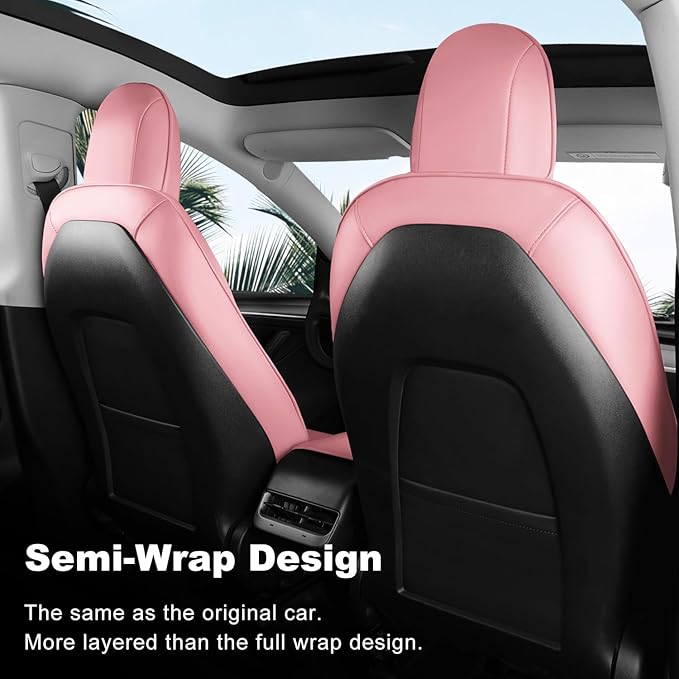 Tesla Model 3 Car Seat Covers Nappa Leather Car Interior Seat Airbag Compatible Cushion Cover Full Set Custom Fit 2023 2022 2021 2020 2019 2018, Nappa Pink