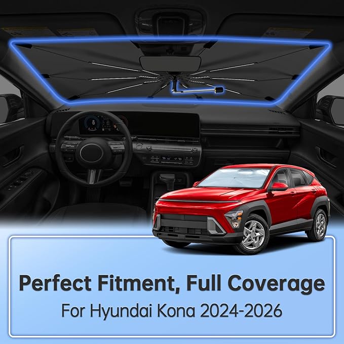 Windshield Sun Shade Umbrella for Hyundai Kona 2024-2026, Foldable Sunshade for Car Front Window, 360 Rotation Automotive Interior UV Protection for Outdoor Parking