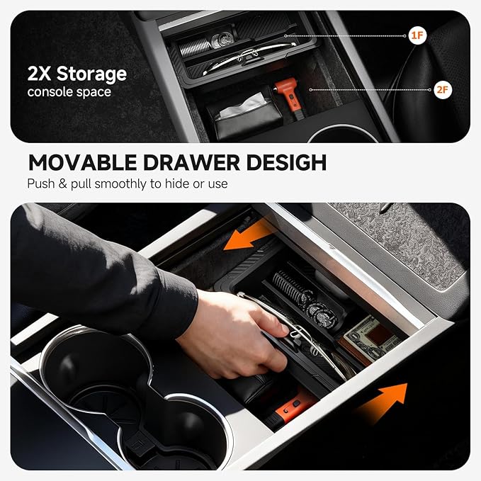 Center Console Organizer for Tesla New Model Y Juniper 2025-2026/Model 3 2024-2026 [2-Layer Design, Easy Slide] Keep Console Clutter-Free Custom Fit for Model 3 & Juniper Model Y Accessories, 4PC