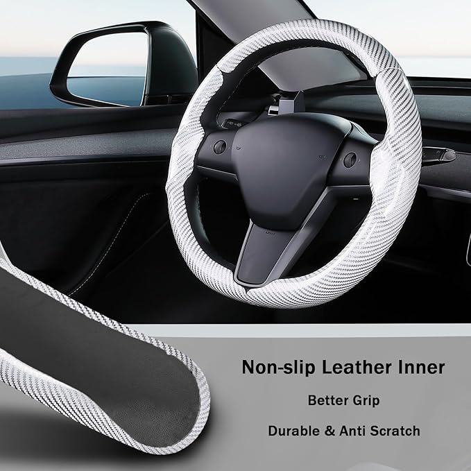 Steering Wheel Cover for 2017-2023 Tesla Model 3 2020-2024 Tesla Model Y, Carbon Fiber Steering Wheel Cover for Tesla Model 3/Y Accessories, Glossy White