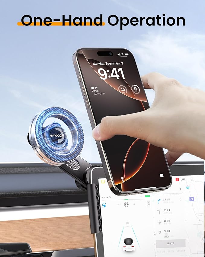 2025 Upgrade Tesla Phone Mount [N55 Strongest Magnet] [Non-Adhesive Version] Hands-Free No-Drop for Magsafe, Fits for Tesla Model Y/3/X/S/Cybertruck, Compatible with iPhone 17/16/15 All Phones