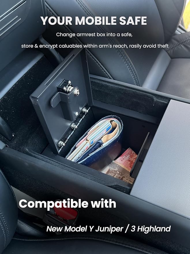 Center Console Safe Organizer Compatible with 2025 2026 Tesla Model Y Juniper & Model 3 Highland Armrest Lock Box Secure Vehicle Accessories with 4-digit Lock with Password Retrieval Key