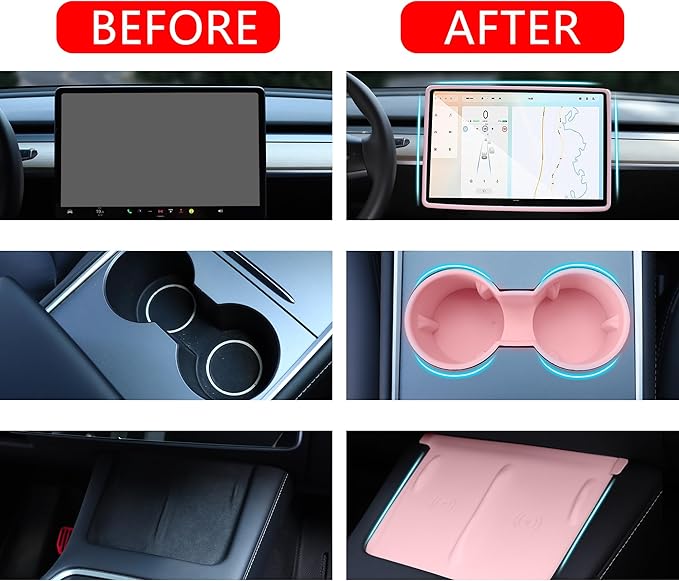 3PCS Center Console Accessories for Tesla Model Y 2021-2024 and Model 3 2021-2023 Cup Holder Insert, Screen Edge Protector Frame, Silicone Wireless Charger Mat, Pink