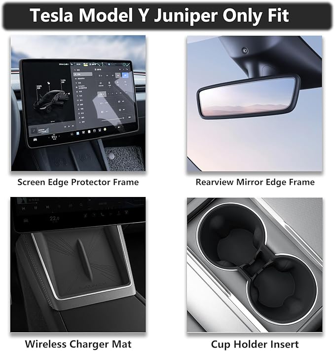 4PCS Center Console Wireless Charger Mat Silicone for 2025 Tesla New Model Y Juniper Cup Holder Insert, Screen Edge Protector Frame, Rear View Mirror Cover Decoration Accessories(Black)