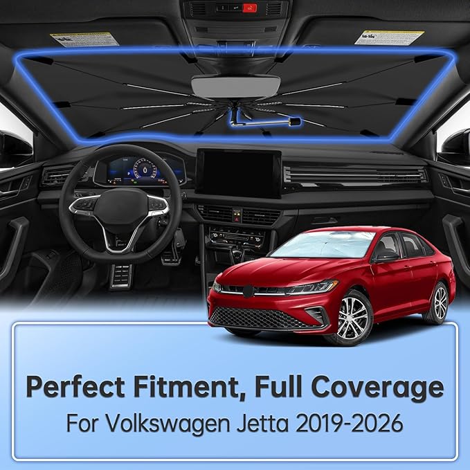 Windshield Sun Shade Umbrella for Volkswagen Jetta 2019-2026, Foldable Sunshade for Car Front Window, 360 Rotation Automotive Interior UV Protection for Outdoor Parking, Keep Car Cool