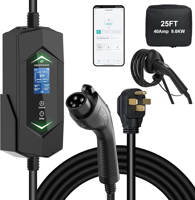 40Amp Level 2 EV Charger,9.6KW Fast Charging,(WiFi APP/Plug-Play),240V NEMA 14-50 Plug,25ft ETL Listed Cable/J1772 Connector,Adjustable Current 6A-40A,Delay Timer,Electric Vehicle Charging Stations