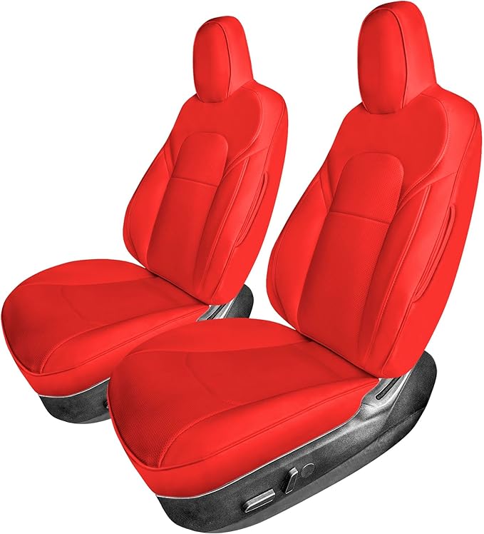 FH Group Custom Fit Car Seat Covers Specifically Made for 2017–2023 Tesla Model 3 Front Set Solid Red Faux Leather Car Seat Covers, Waterproof Automotive Seat Covers, Tesla Accessories