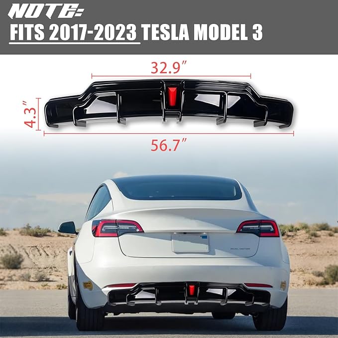 for 2017-2023 Tesla Model 3 Rear Diffuser w/LED Brake Light, Model 3 Rear Bumper Lip, Tesla Model 3 Diffuser Valance Panel Accessories (Gloss Black)