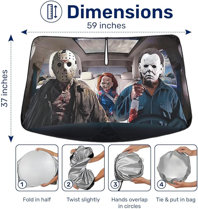 Horror Windshield Sun Shade for Car SUV Truck (55x30 Inches), Front Window Visor for Windows, Protector Blocks UV