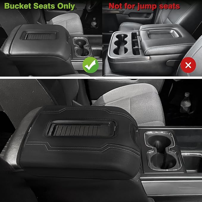 Muslogy Center Console Armrest Cover Fit for Chevy Silverado & GMC Sierra 1500 2500 3500 2014-2018 Accessories, Comfort Armrest Pad Console Lid Cushion Vegan Leather Regular Thick(Bucket Seat ONLY)